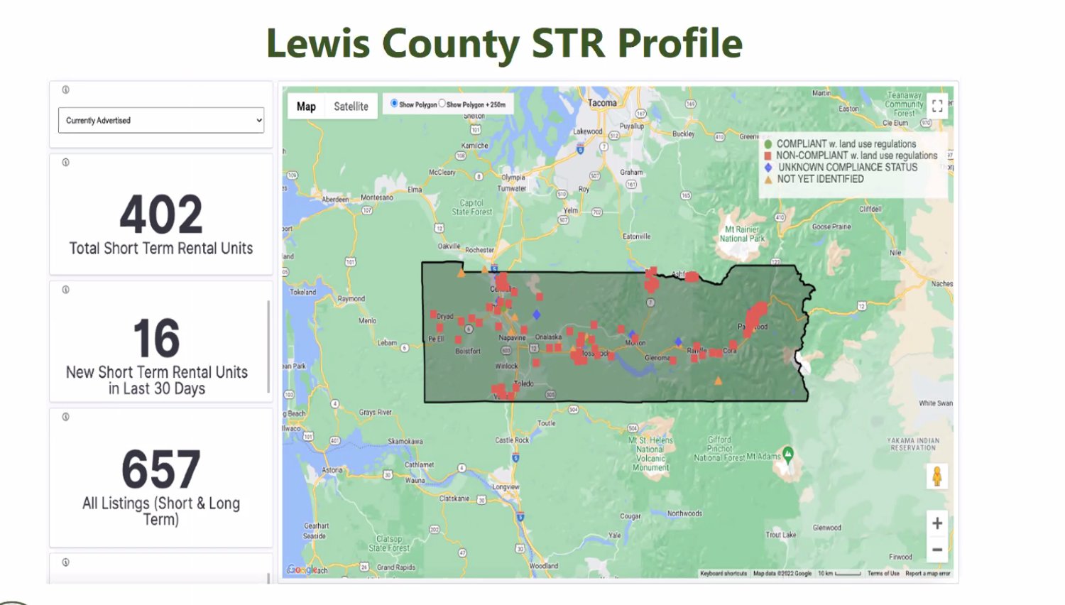 This image provided by Lewis County show where short term rentals are located.